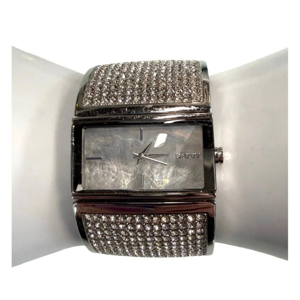 DKNY Crystal Pave Bracelet Watch Silver Mother of Pearl Dial‎ 6" Wrist